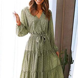 Women’s Long Sleeve V Neck Print Ruffle Tiered Maxi Dress - SIZE M, Spring 2023